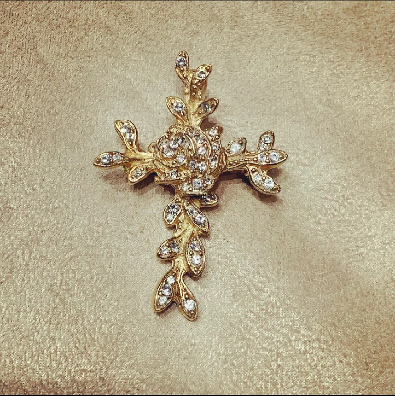 Christian Lacroix Gold Crystal Cross Brooch Pendant