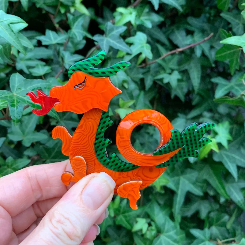 Lea Stein Dragon Brooch in orange and green