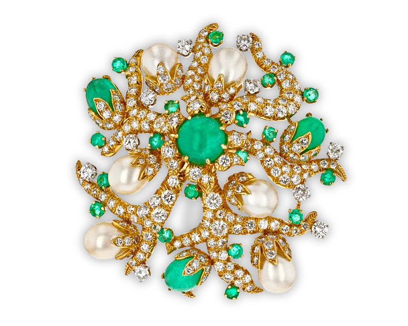 David Webb Emerald, Diamond and Pearl Brooch