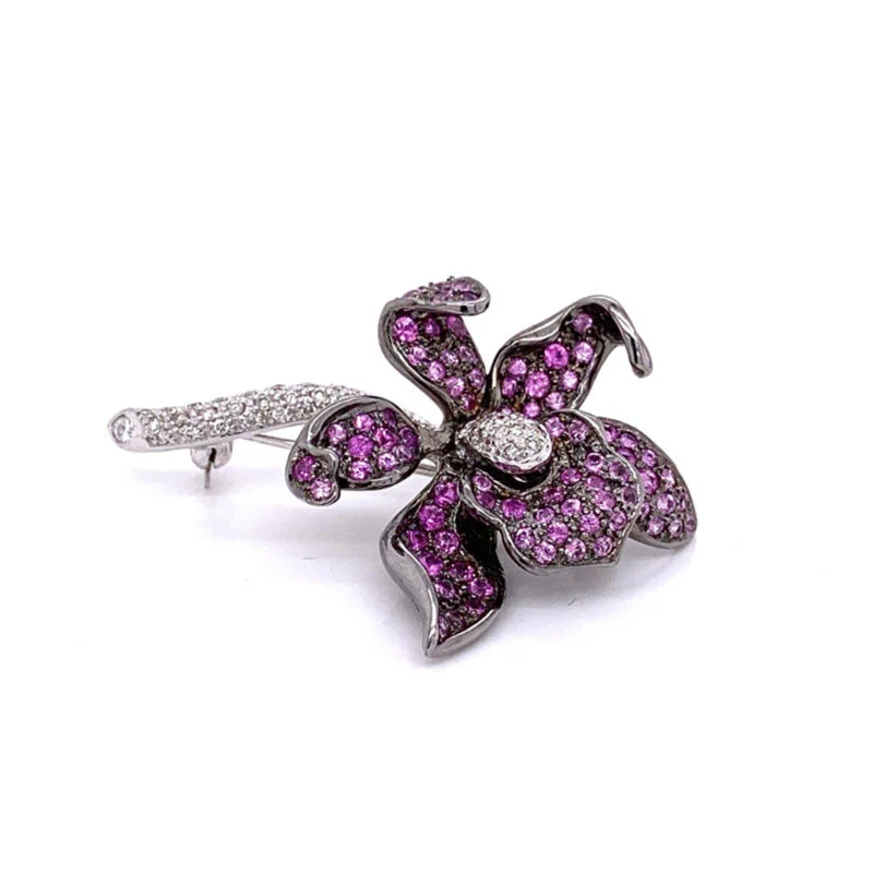 Diamond Pink Sapphire Gold Orchid Pin Brooch