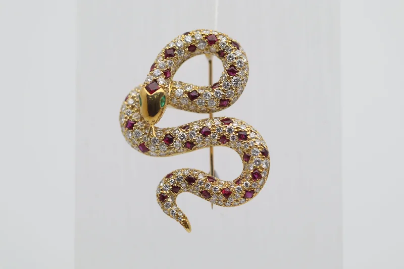 Diamond Ruby Emerald Gold Coiled Snake Brooch