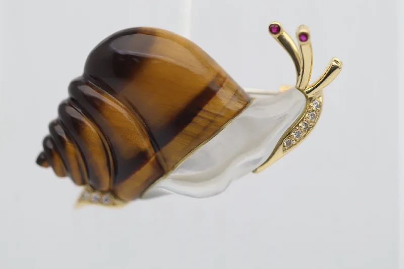 Diamond Tigers-Eye Mother-of-Pearl Gold Snail Brooch