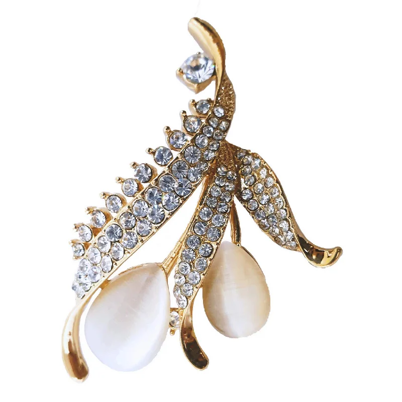 Pearl and Rhinestone Studded Leaf Design Metal Brooch Lapel Pin, Unisex, Gift