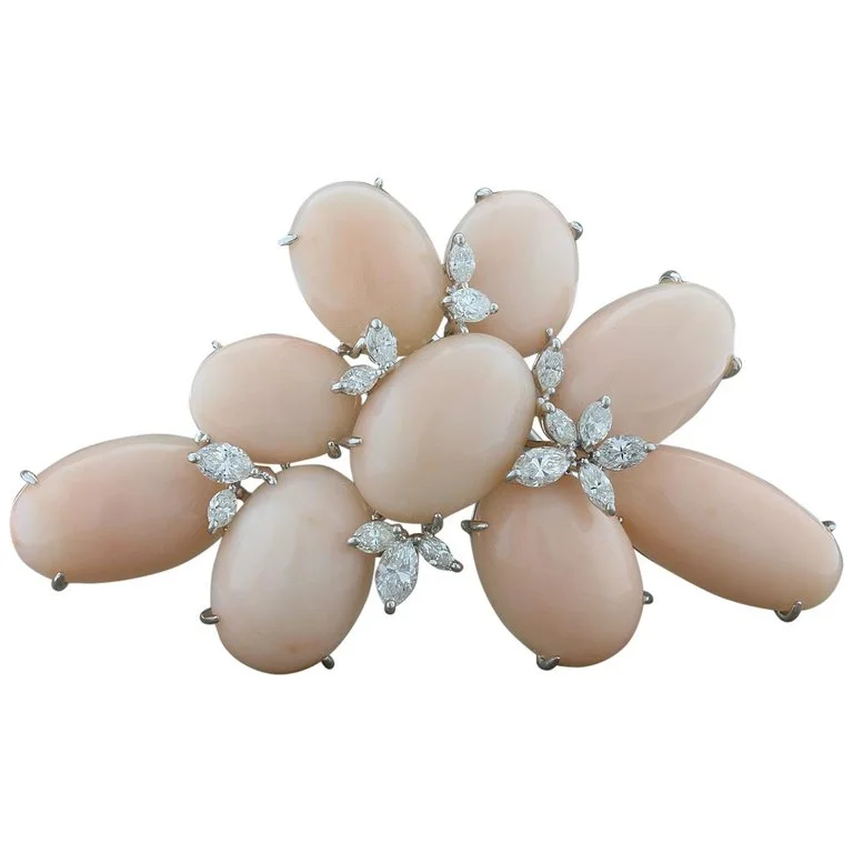 Estate Coral Diamond Platinum Brooch