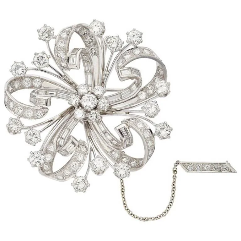 Estate Large Diamond Floral Platinum Pendant Brooch