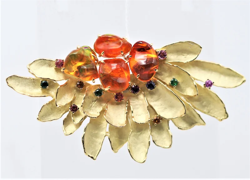 Fire Opal Multi-Color Sapphire Gold Sunrise Brooch