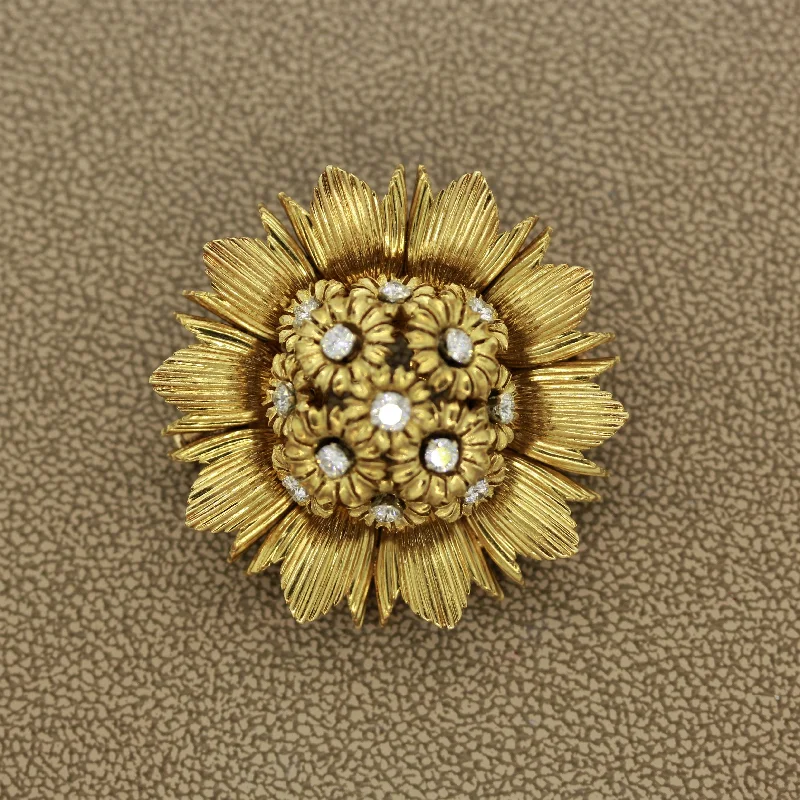 French Diamond Gold Sunflower Brooch