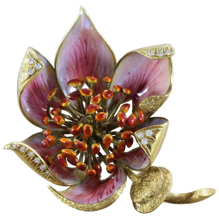 Italian Enamel Diamond Gold Flower Brooch