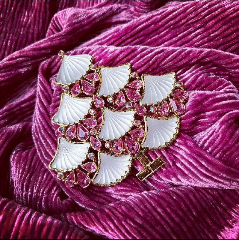 Large Cristobal London Christmas Tree Brooch in white and pink