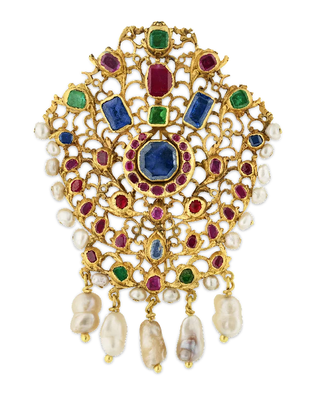 Mughal Colored Gemstone and Pearl Pendant Brooch