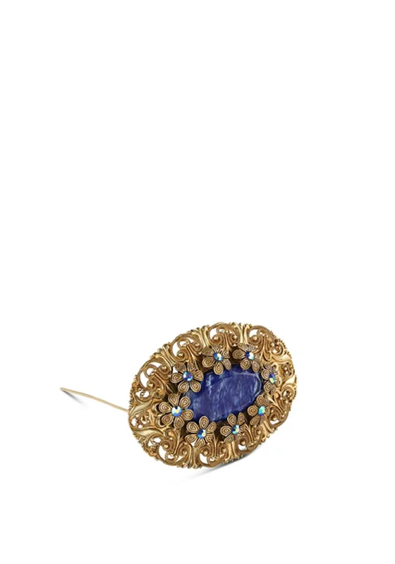 Newbridge Oval Brooch with Blue Stone Settings, Gold & Blue