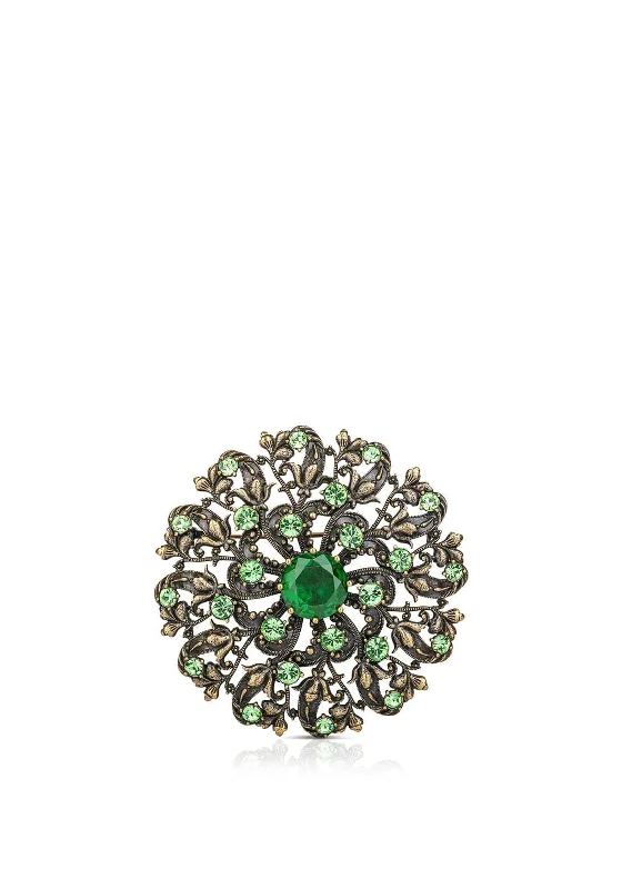 Newbridge Silverware Floral Green Stone Brooch, Antique Gold