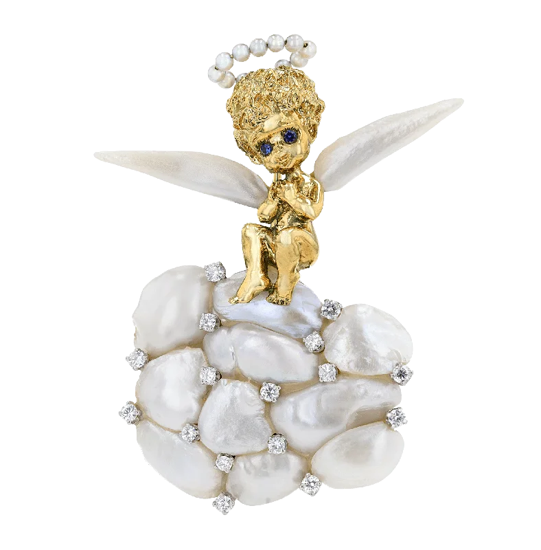 Ruser Baroque Pearl and Diamond Angel Brooch