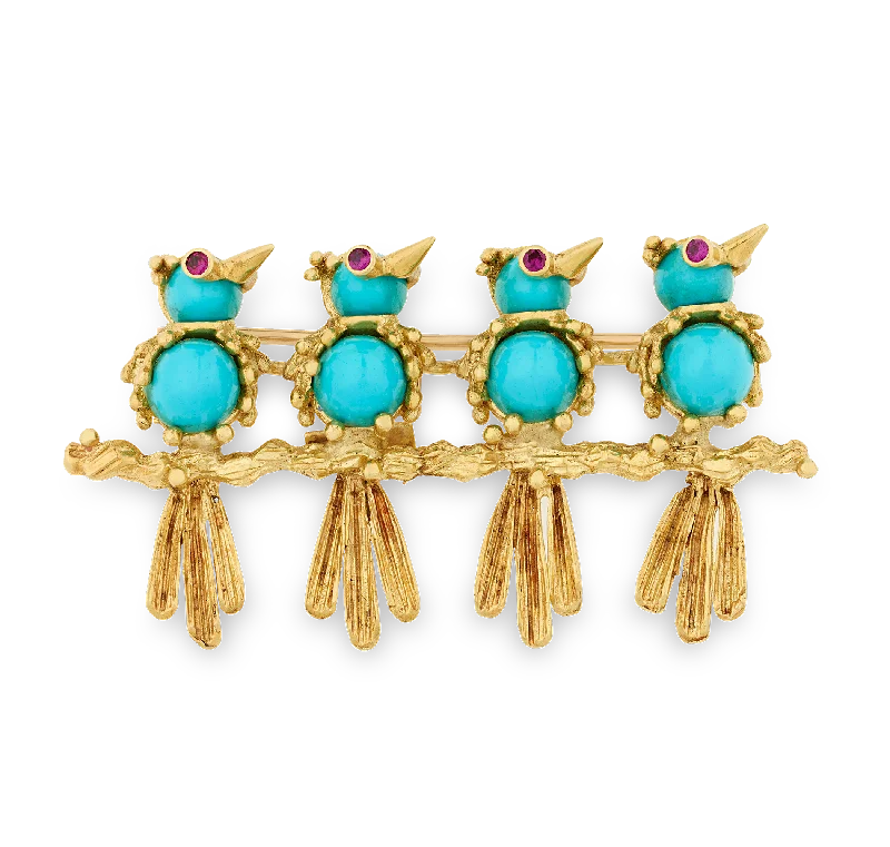 Turquoise and Ruby Bird Brooch