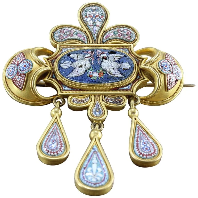 Victorian Italian Micro-Mosaic Gold Dove Brooch