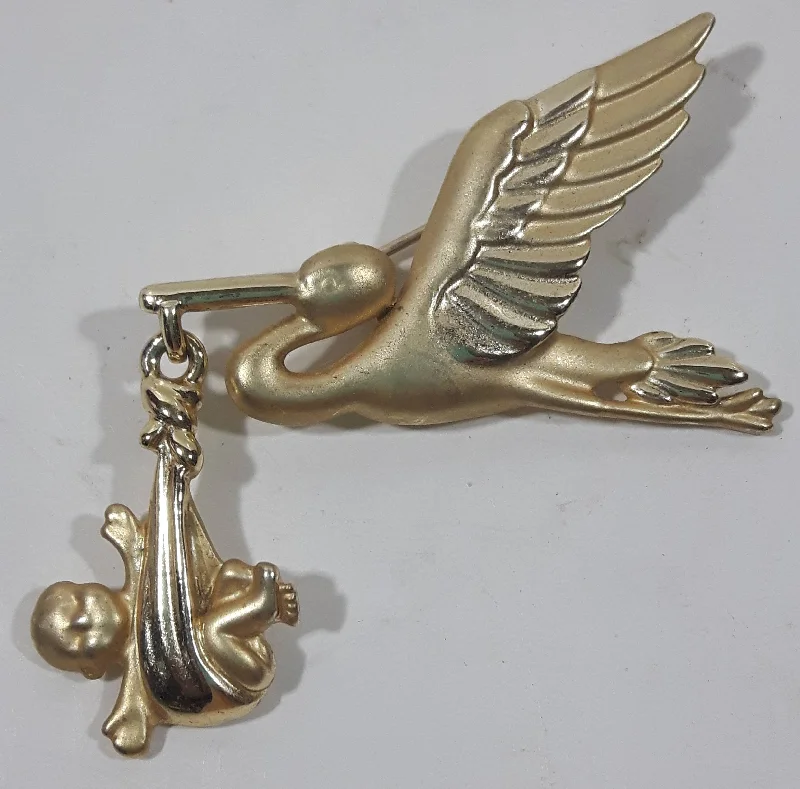 Vintage AJC Stork and Baby Gold Tone Metal Brooch Pin