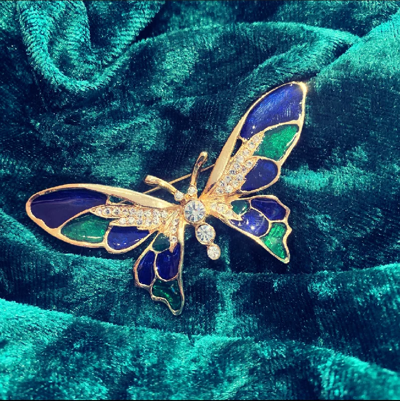 Vintage Green Blue Enamel Butterfly Brooch