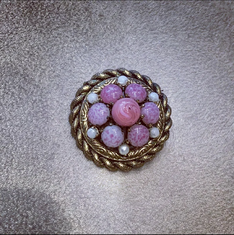 Vintage pink glass beaded small brooch