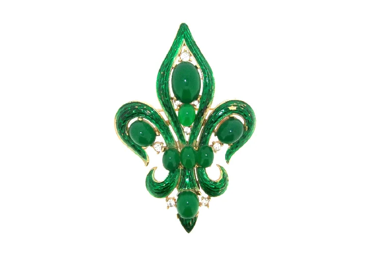 Vintage Trifari Brooch Fleur De Lis L’Orient Collection 1968 Jade Glass