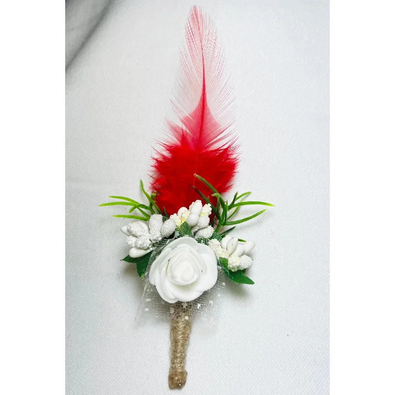 White And Red Faux Feather Flower Brooch