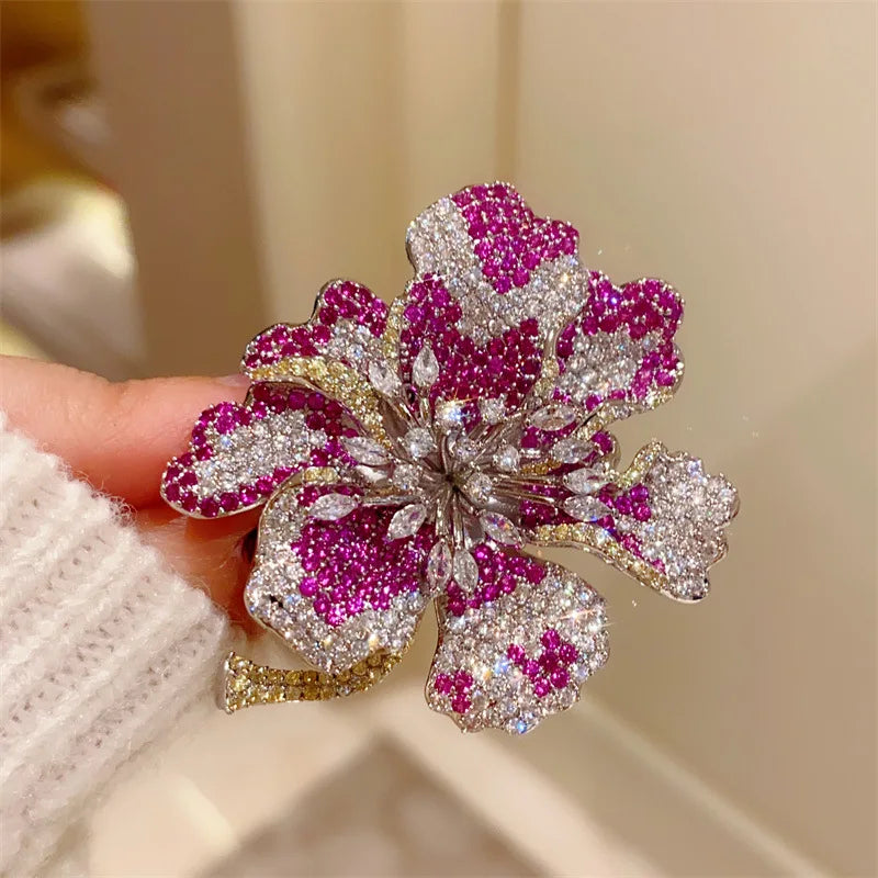 Women Colored gemstone three-dimensional full of diamond flower brooch