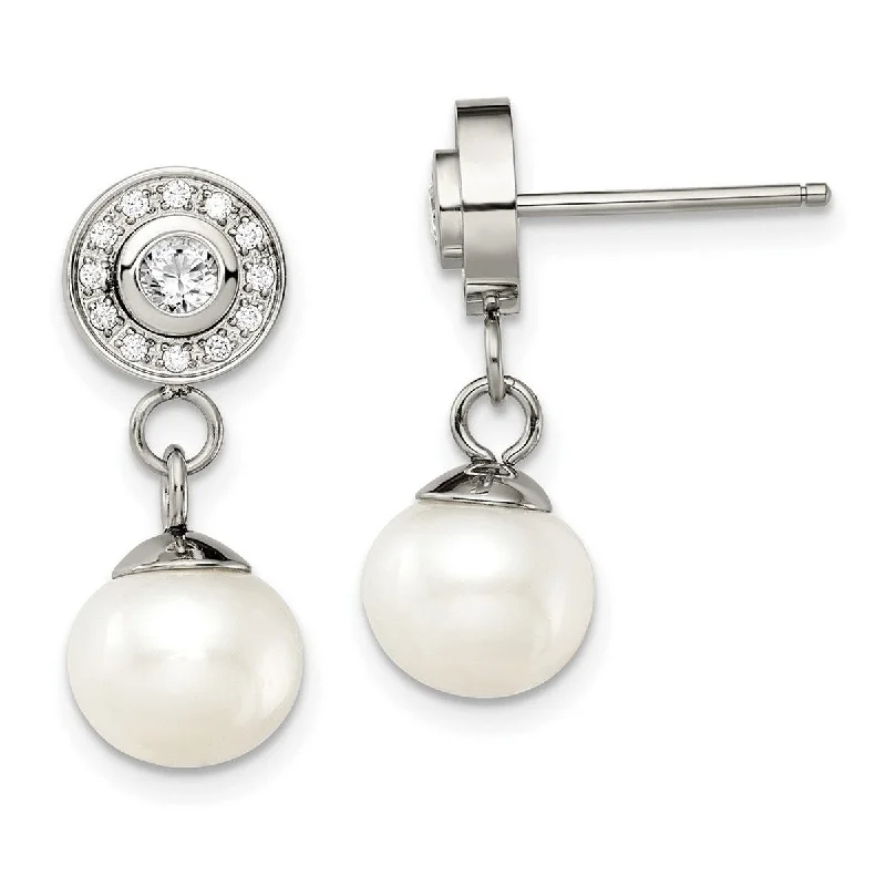 Curata Stainless Steel Polished 9mm Pearl and Cubic Zirconia Dangle Earrings