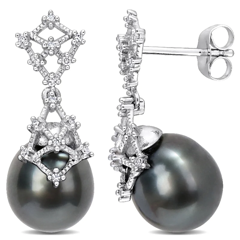 Miadora 1/7 CT Diamond and Black Tahitian Cultured Pearl Earrings 14k White Gold