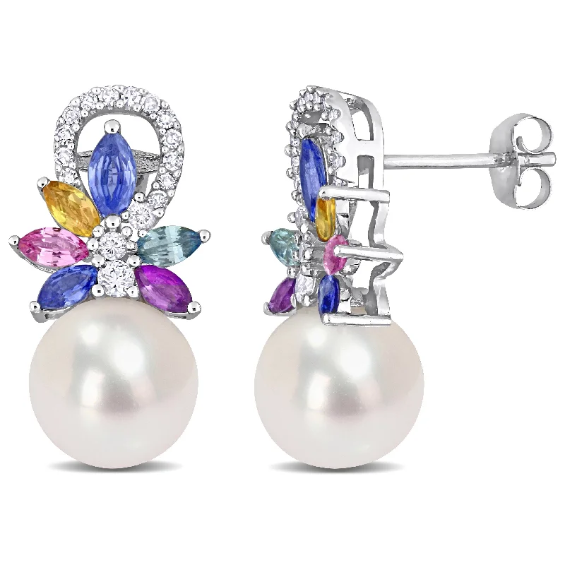 Miadora 1/8 CT Diamond and Multi Sapphire Freshwater Cultured Pearl Earrings 14k White Gold