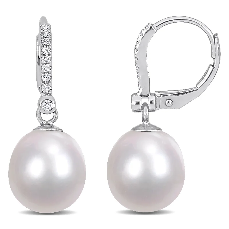 Miadora 1/8 CT Diamond and South Sea Cultured Pearl LeverBack Earrings 14k White Gold