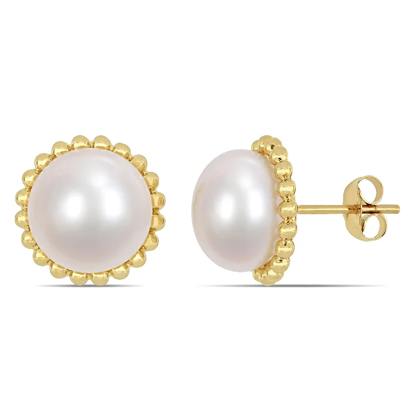 Miadora 10.5-11mm Cultured Freshwater Pearl Halo Stud Earrings in 10k Yellow Gold