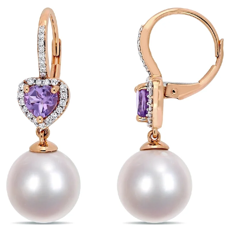 Miadora 10k Rose Gold Cultured Freshwater Pearl 1/5ct TDW Diamond Amethyst Heart Drop Earrings (11-12mm)