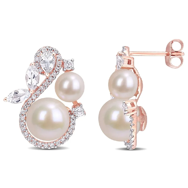 Miadora 10k Rose Gold Cultured FW Pearl White Topaz & 1/3ct Diamond Swirl Drop Earrings (5-8.5 MM)