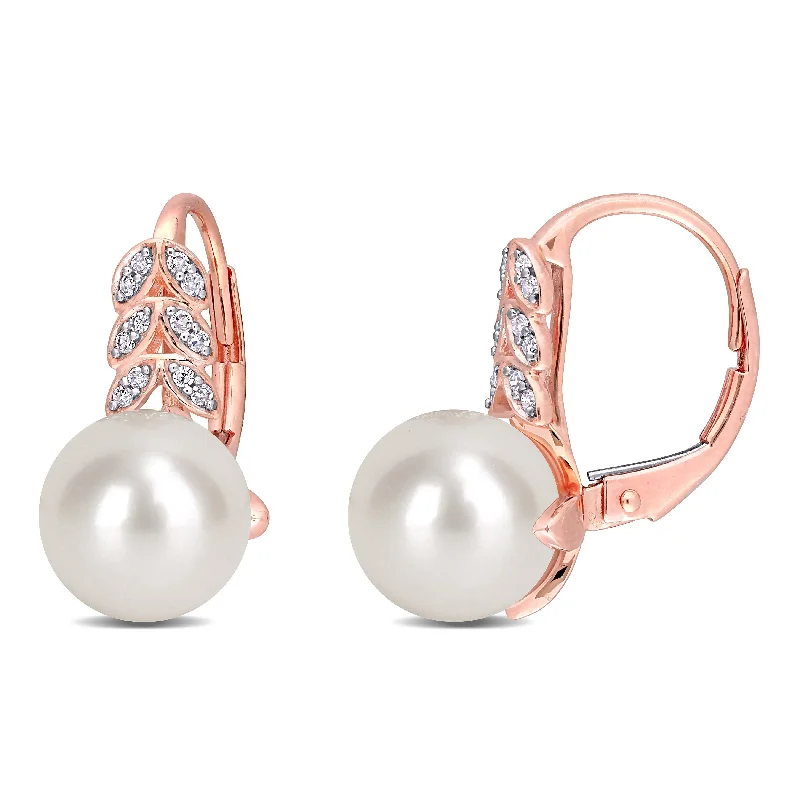 Miadora 10k Rose Gold Freshwater Cultured Pearl and 1/10ct TDW Diamond Leaf Leverback Earrings (9-9.5mm)