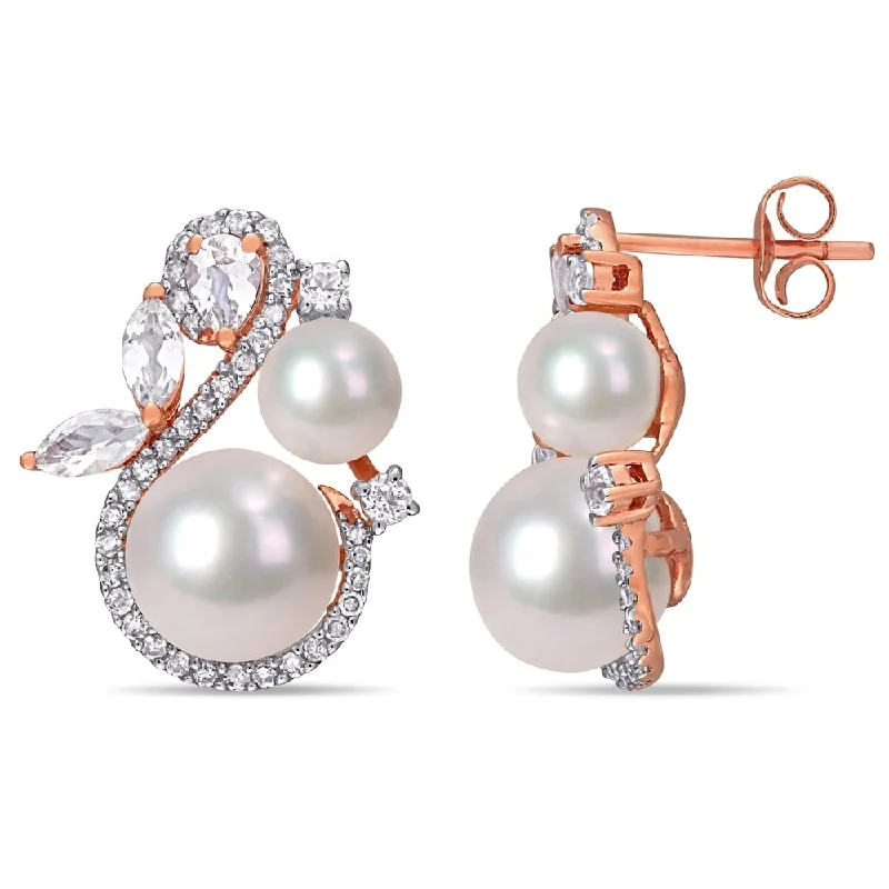 Miadora 10k Rose Gold Pink and White FW Pearl White Topaz 1/3ct TDW Diamond Crossover Earrings (5-9 MM)