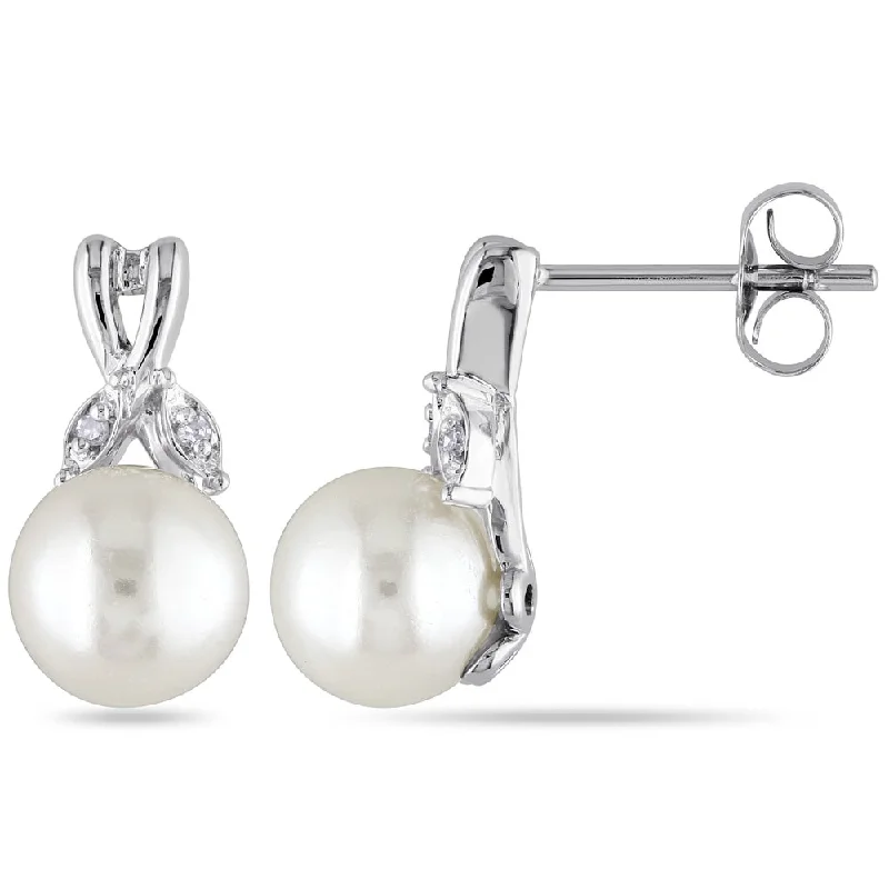 Miadora 10k White Gold Cultured Freshwater Pearl and Diamond Accent Earrings (7-8 mm)