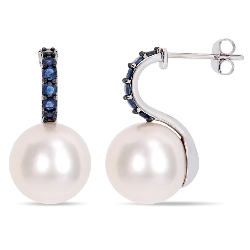 Miadora 10k White Gold Cultured Freshwater Pearl Sapphire Drop Earrings (11-12mm)