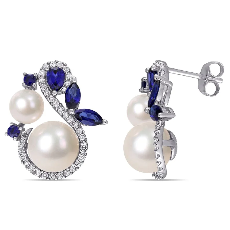 Miadora 10k White Gold Cultured FW Pearl Created Blue Sapphire and 1/3ct TDW Diamond Earrings (5-9 MM)