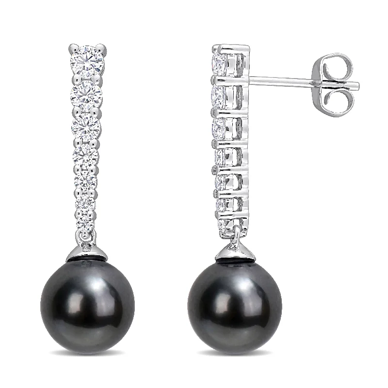 Miadora 10k White Gold Tahitian Cultured Pearl, Created Moissanite Graduated Drop Earrings (8-8.5mm)