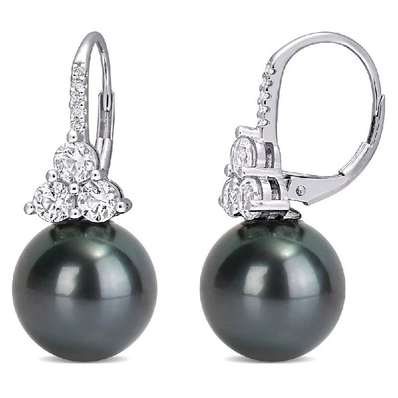 Miadora 10k White Gold Tahitian Cultured Pearl Created White Sapphire and Diamond Earrings (11-12 MM)