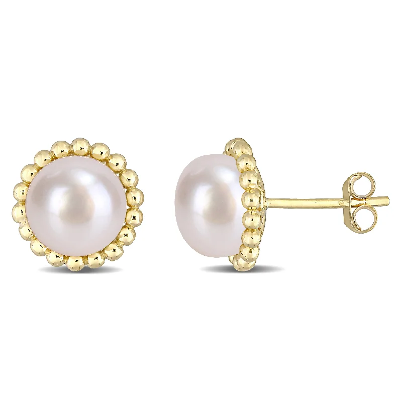 Miadora 10k Yellow Gold Cultured Freshwater Pearl Solitaire Halo Beaded Stud Earrings (8-8.5mm)