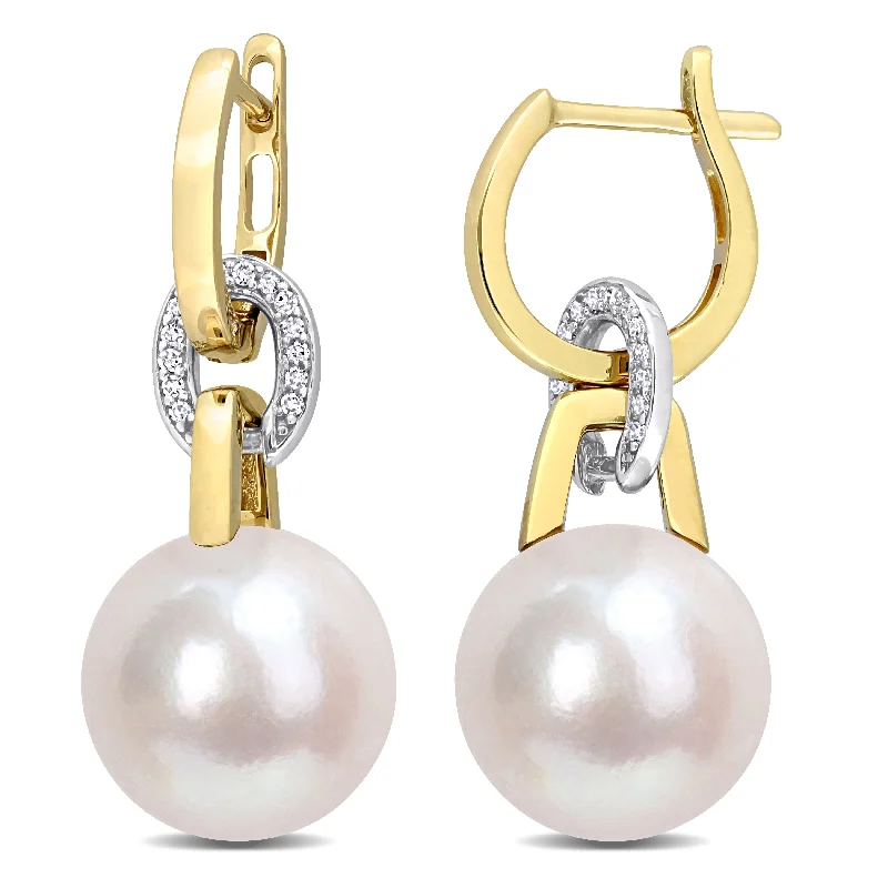 Miadora 11 12mm Cultured Freshwater Pearl & 1/10ct TDW Diamond Huggie Earrings in 14k Yellow and White Gold