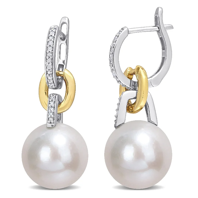 Miadora 11 12mm Cultured Freshwater Pearl & 1/10ct TDW Diamond Huggie Earrings in 14k Yellow and White Gold