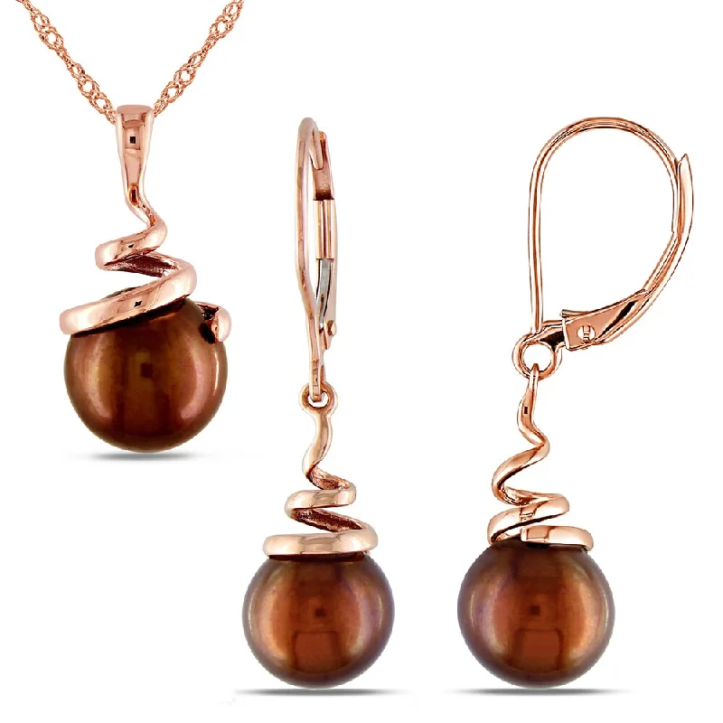 Miadora 14k Rose Gold Brown Freshwater Cultured Pearl Spiral Drop Necklace and Leverback Earrings 2-Piece Set (8-8.5mm)