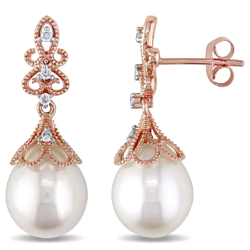 Miadora 14k Rose Gold Cultured Freshwater White Pearl and 1/10ct TDW Diamond Vintage Drop Earrings (G-H, SI1-SI2) (9-9.5 mm)