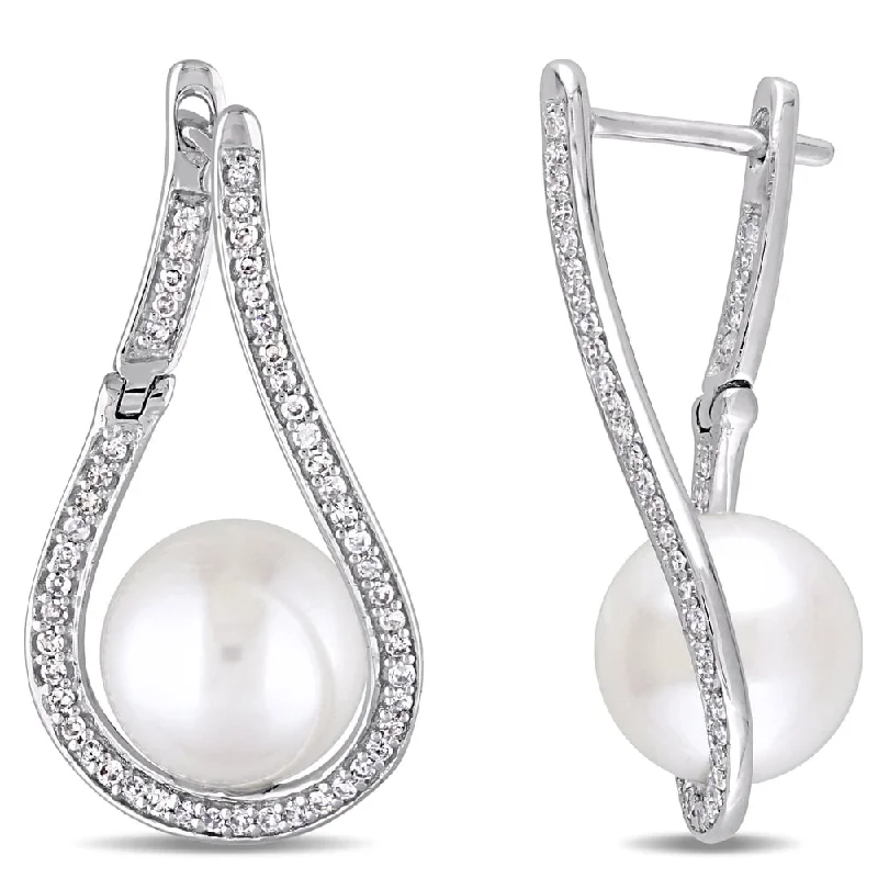 Miadora 14k White Gold Cultured Freshwater Pearl 1/3ct TDW Diamond Teardrop Earrings (9-9.5mm)