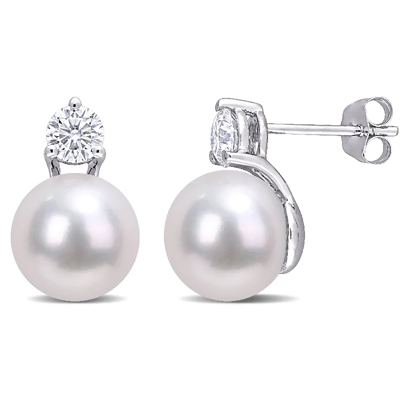 Miadora 14k White Gold Cultured Freshwater Pearl and Moissanite Stud Earrings (9.5-10mm)