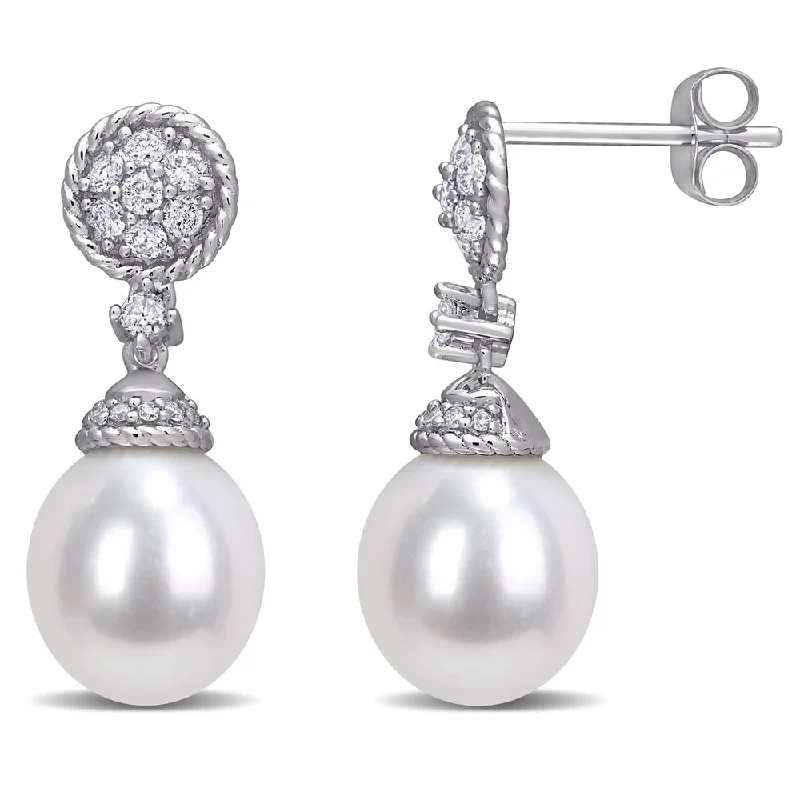 Miadora 14k White Gold Cultured FW Pearl and 1/3ct TDW Diamond Cluster Drop Earrings (9-10 MM)