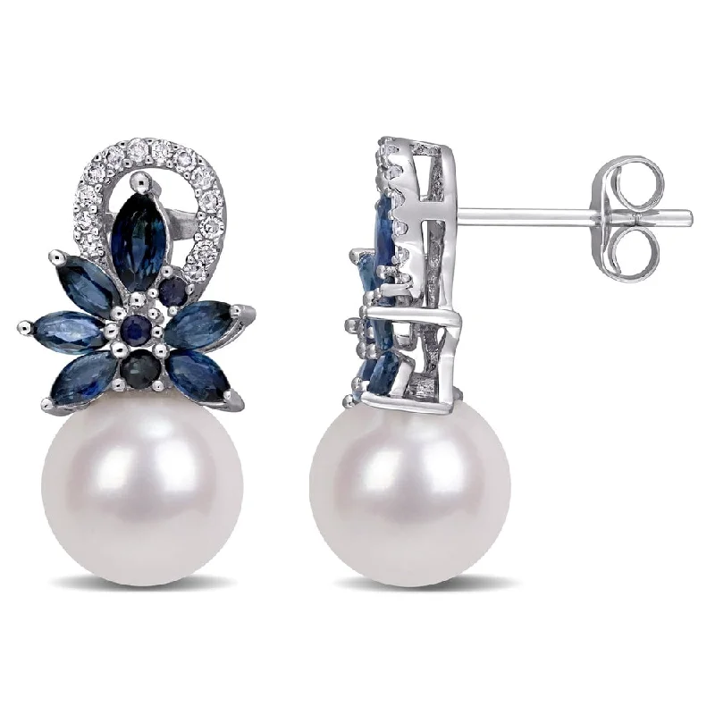 Miadora 14k White Gold Cultured FW Pearl Blue Sapphire 1/8ct TDW Diamond Flower Drop Earrings (9-10 MM)