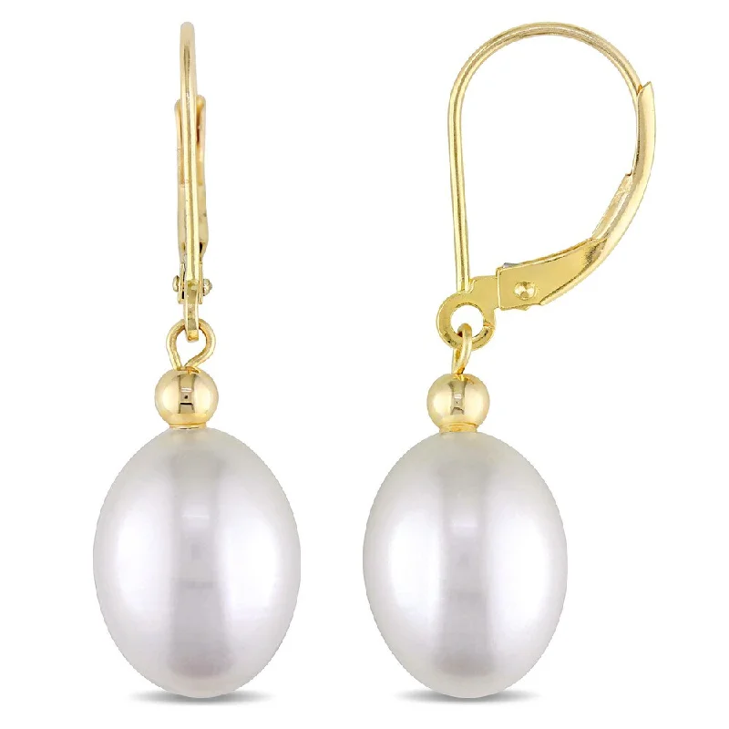 Miadora 14k Yellow Gold Cultured Freshwater Rice Pearl Leverback Dangle Earrings (8-8.5mm) - White