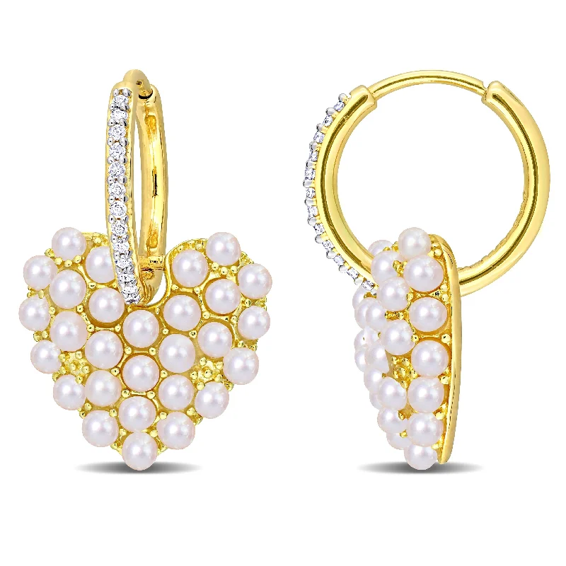 Miadora 2-2.5mm Cultured Freshwater Pearl and 1/8ct TDW Diamond Heart Charm Huggie Hoop Earrings in Yellow Silver